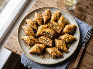 Homemade baklava cut into diamonds with pistachios and honey syrup