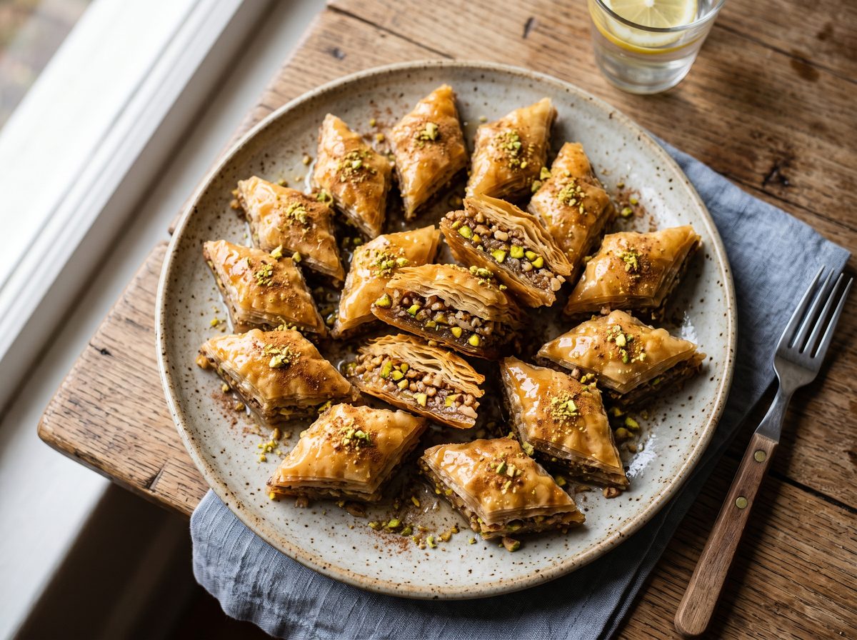 Homemade baklava cut into diamonds with pistachios and honey syrup