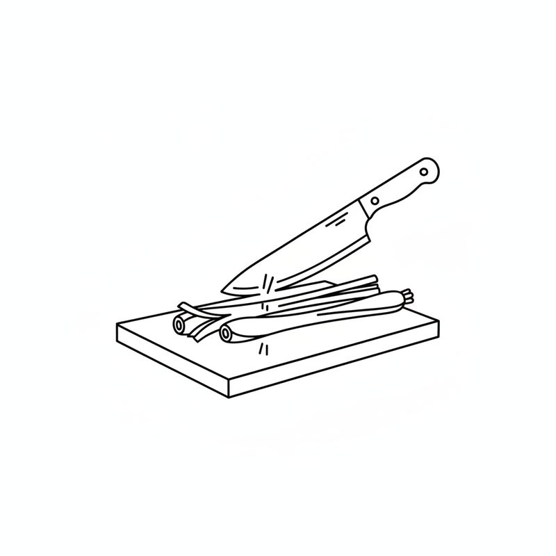 Line drawing of a chef's knife resting on trimmed lemongrass stalks on a chopping board