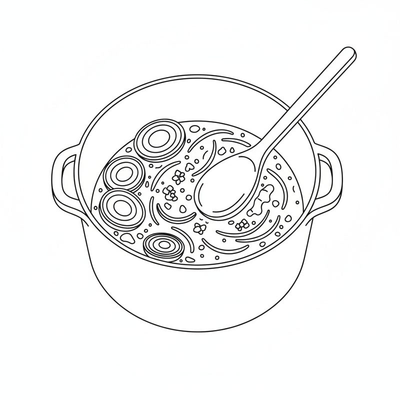 Line drawing of a cooking pot seen from above with sliced onion rings and aromatics in liquid, and a wooden spoon