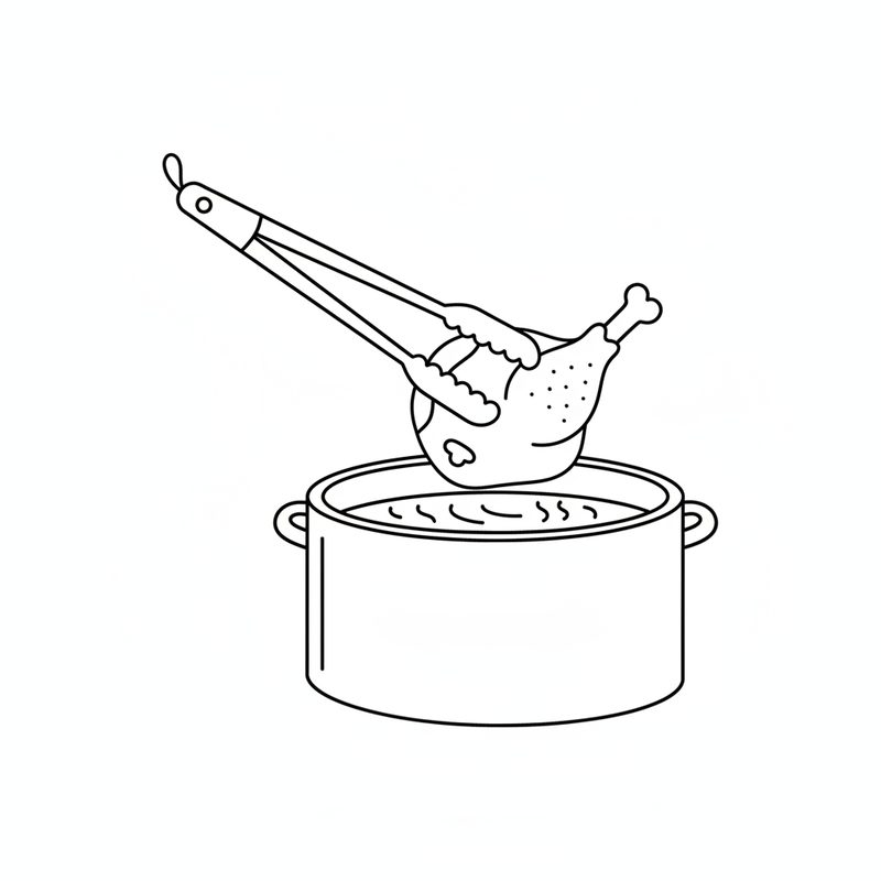Line drawing of tongs lowering a bone-in chicken drumstick into a deep pot