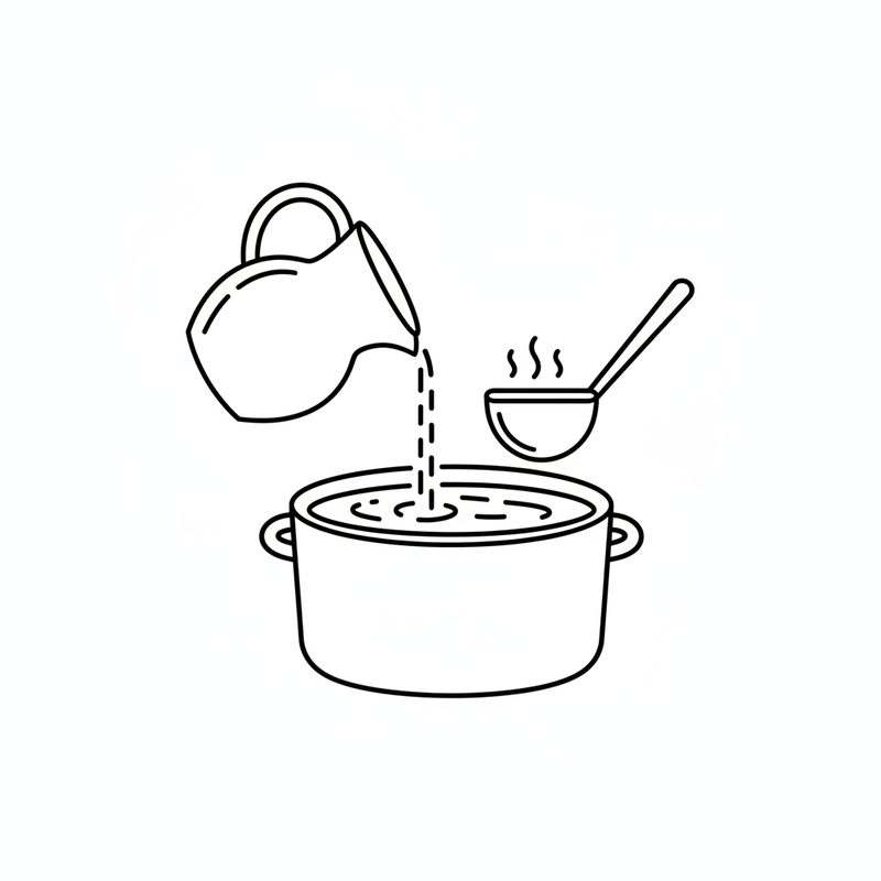 Line drawing of a jug pouring liquid into a deep pot of soup, with a ladle beside it