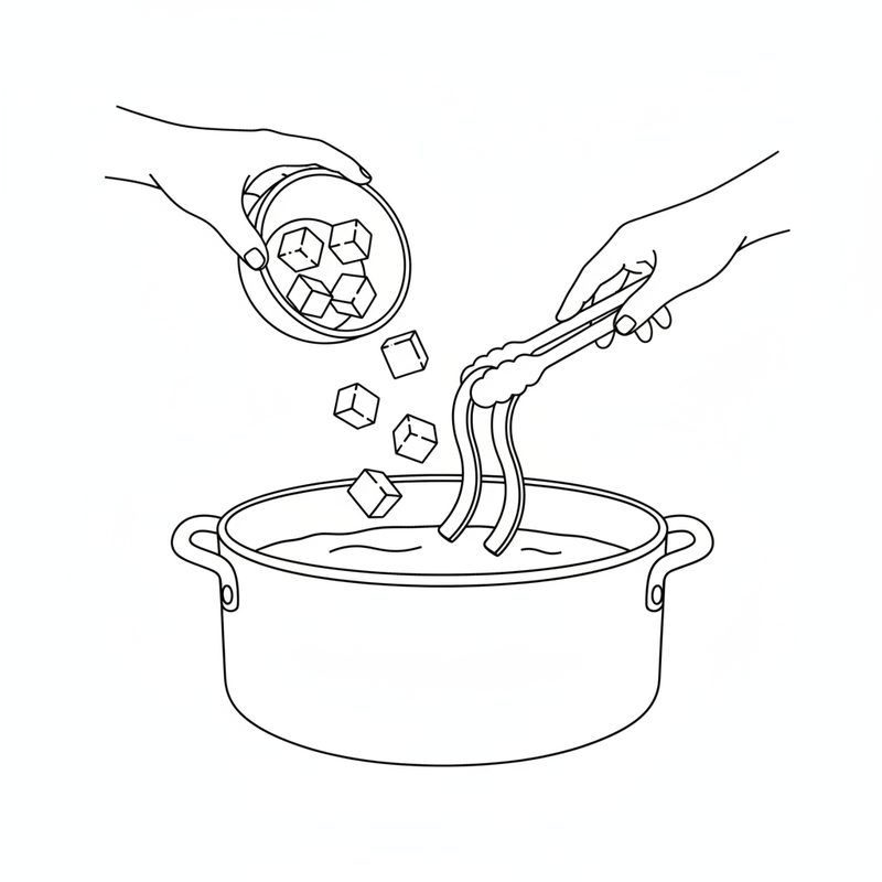 Line drawing of two hands adding cubes from a bowl and strips held in tongs into a pot of soup