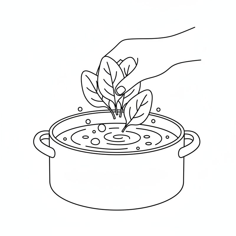 Line drawing of a hand pushing spinach leaves down into a pot of soup