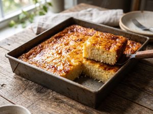 Filipino cassava cake in a baking pan with a browned custard top, one slice lifted out