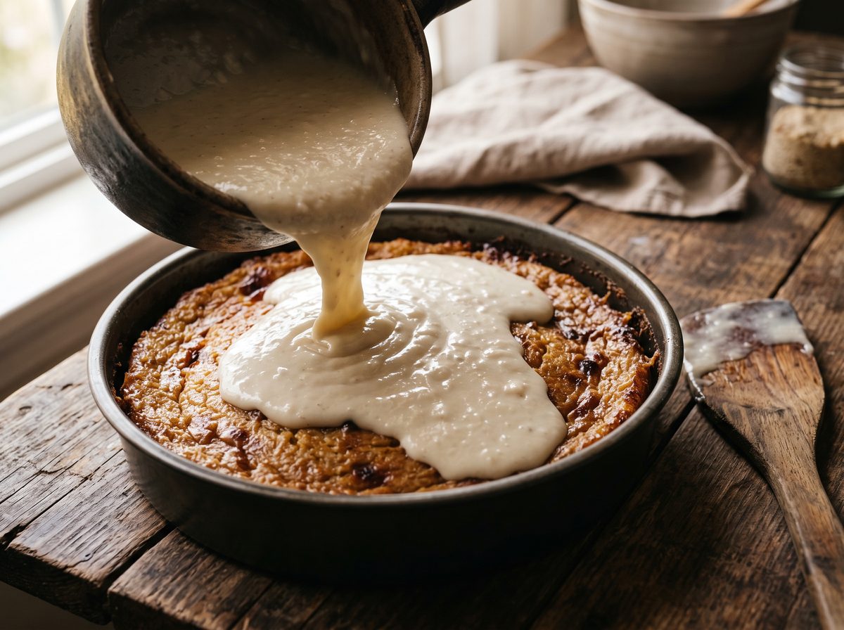 Coconut custard topping being poured over a baked cassava cake