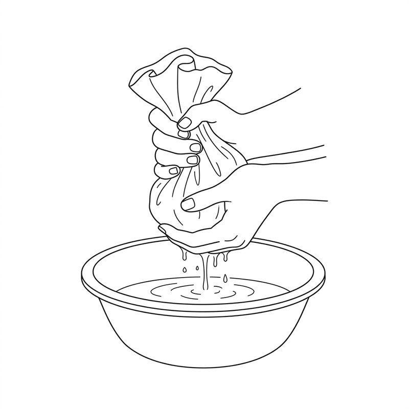 Line drawing: hands squeezing grated cassava in a cloth over a bowl