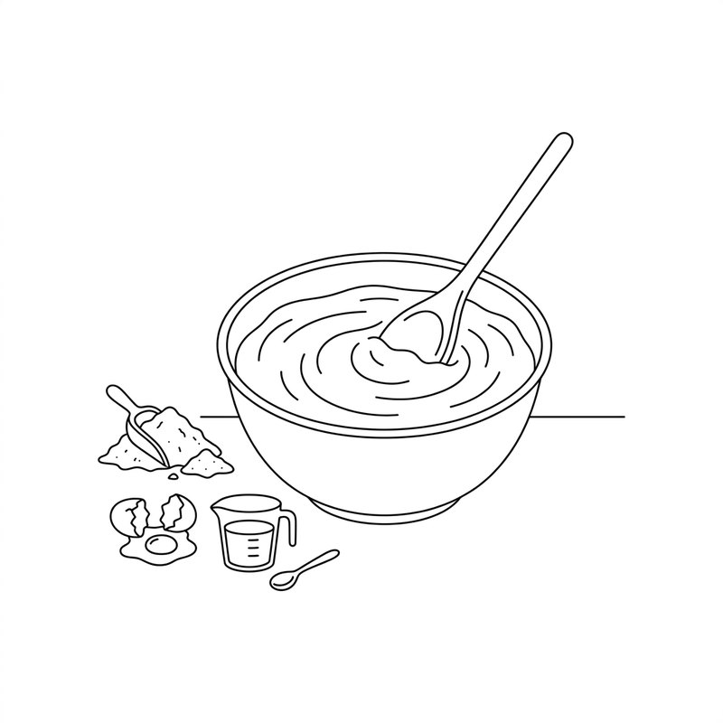 Line drawing: a wooden spoon stirring cassava cake batter in a mixing bowl