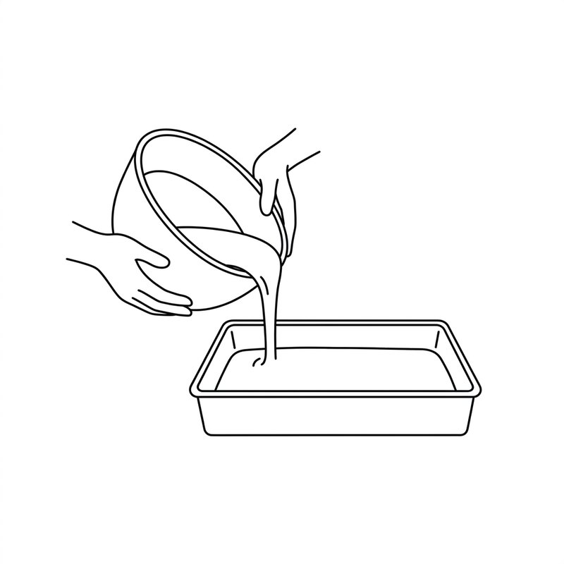 Line drawing: batter being poured from a bowl into a rectangular baking pan