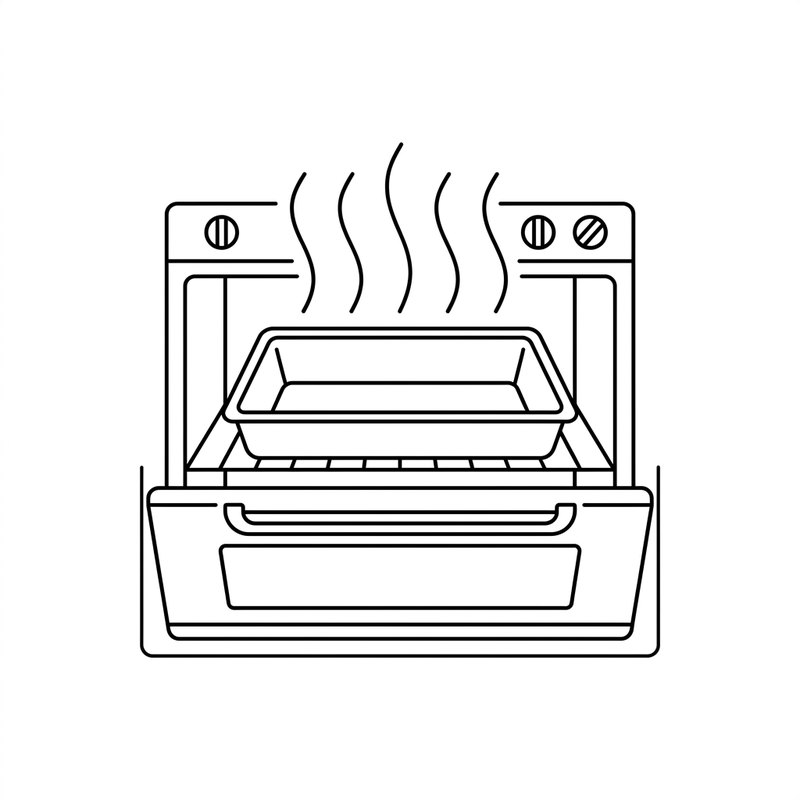 Line drawing: a baking pan inside an oven