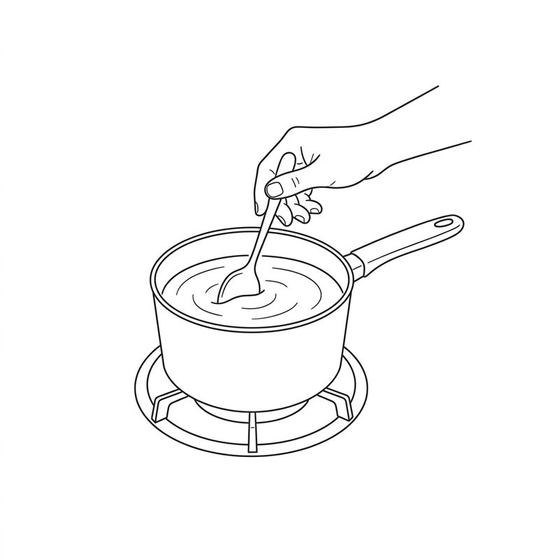 Line drawing: a hand stirring custard in a saucepan on a stove