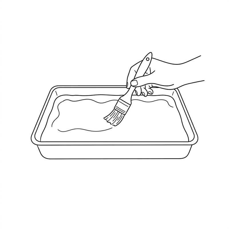 Line drawing: a pastry brush glazing the top of a cake in a pan