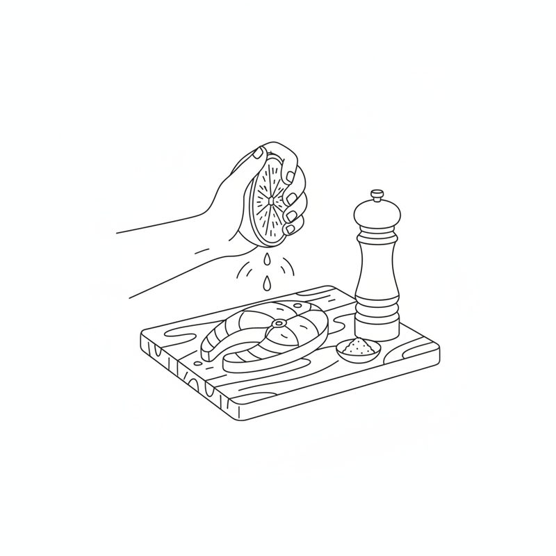 A hand squeezing a lemon half over a fish steak on a wooden board, beside a pepper mill and a small dish of salt