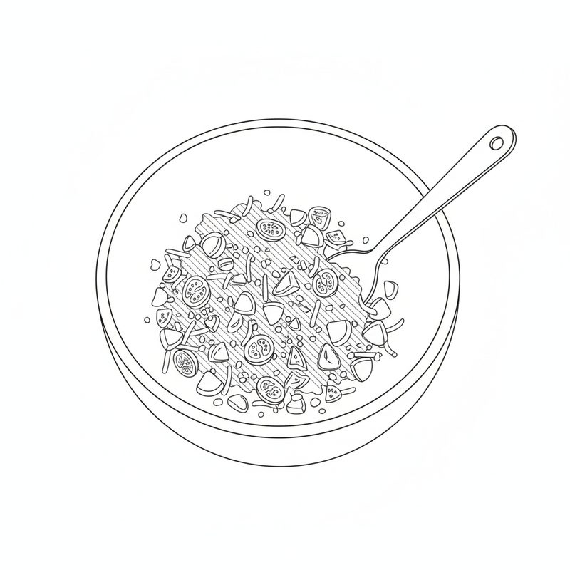 A bowl of grated cheese mixed with chopped tomato and chopped capsicum, a spoon resting in the bowl