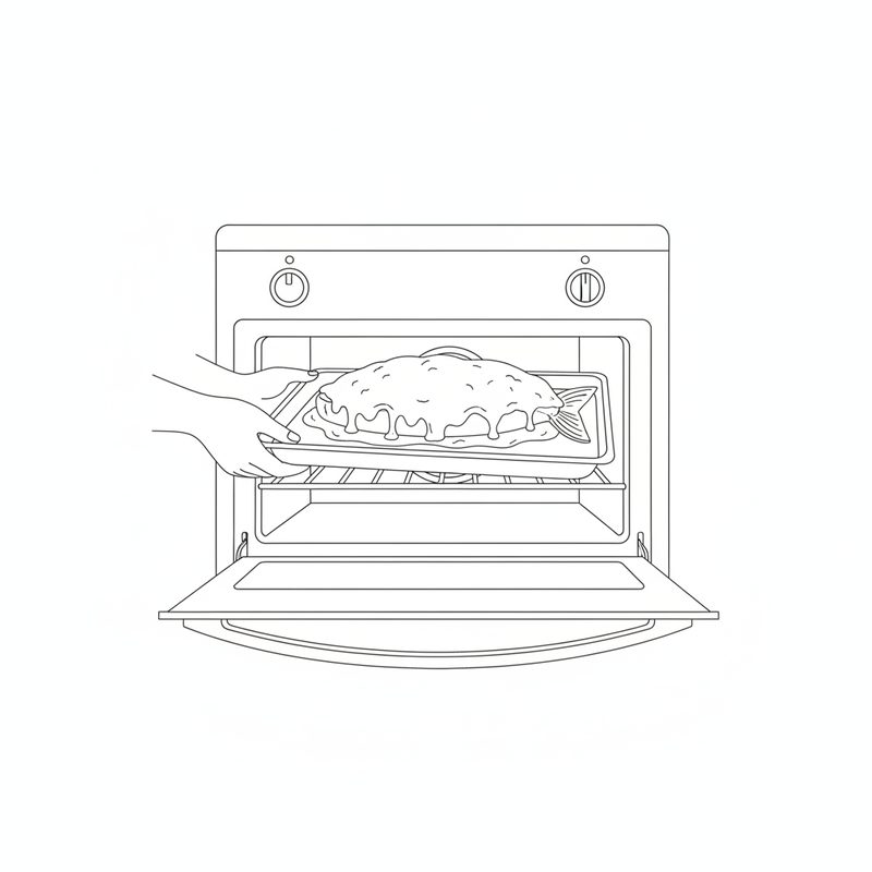 Hands sliding a baking tray holding a cheese-covered fish fillet onto the rack of an open oven