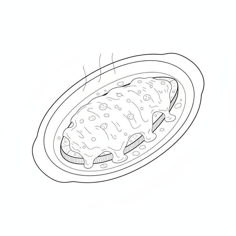 A baked fish fillet under a melted, bubbled cheese topping on an oval serving plate, steam rising from it