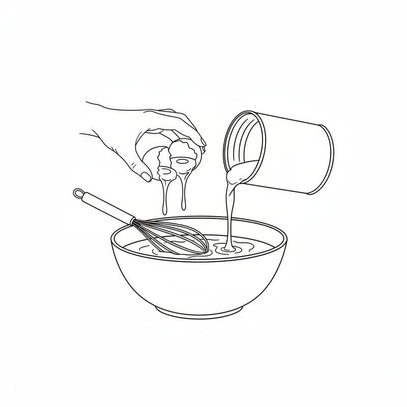 Line drawing: an egg cracked and condensed milk poured into a mixing bowl with a whisk