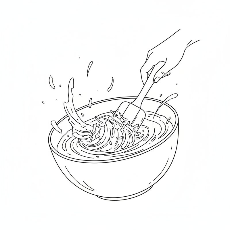 Line drawing: a spatula folding shredded coconut into batter in a mixing bowl