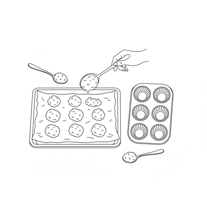 Line drawing: spoonfuls of coconut mixture on a parchment-lined baking tray beside a muffin tin lined with fluted paper cups