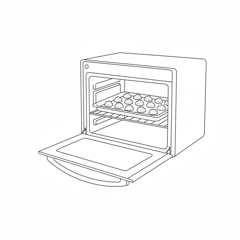 Line drawing: a tray of coconut macaroons baking inside an open oven