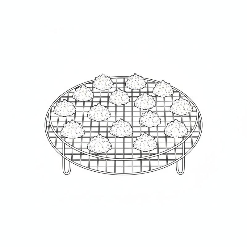 Line drawing: baked coconut macaroons cooling on a round wire rack