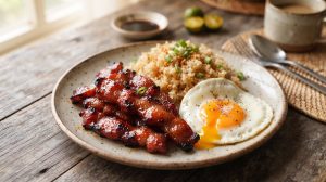 Caramelised Filipino pork tocino served with garlic fried rice and a fried egg