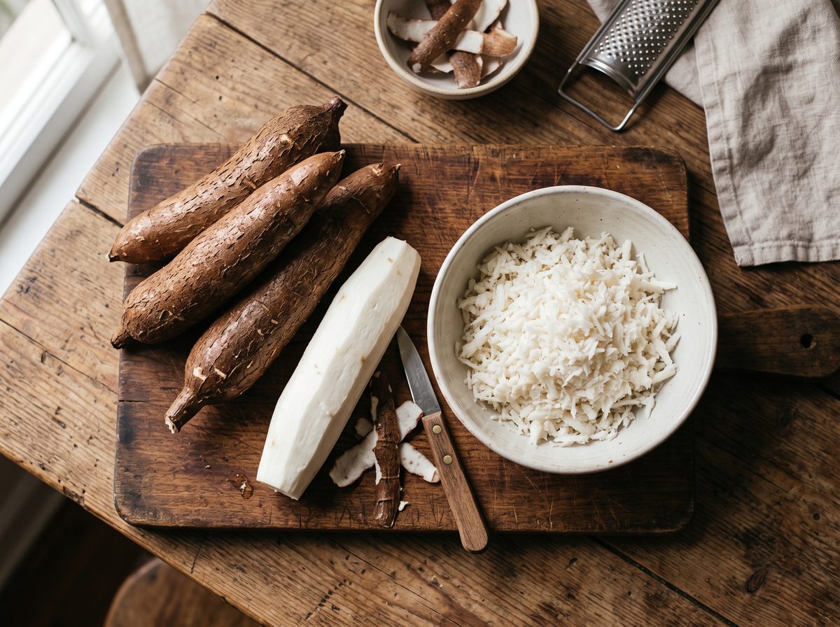 Fresh cassava roots, one peeled, beside a bowl of finely grated cassava