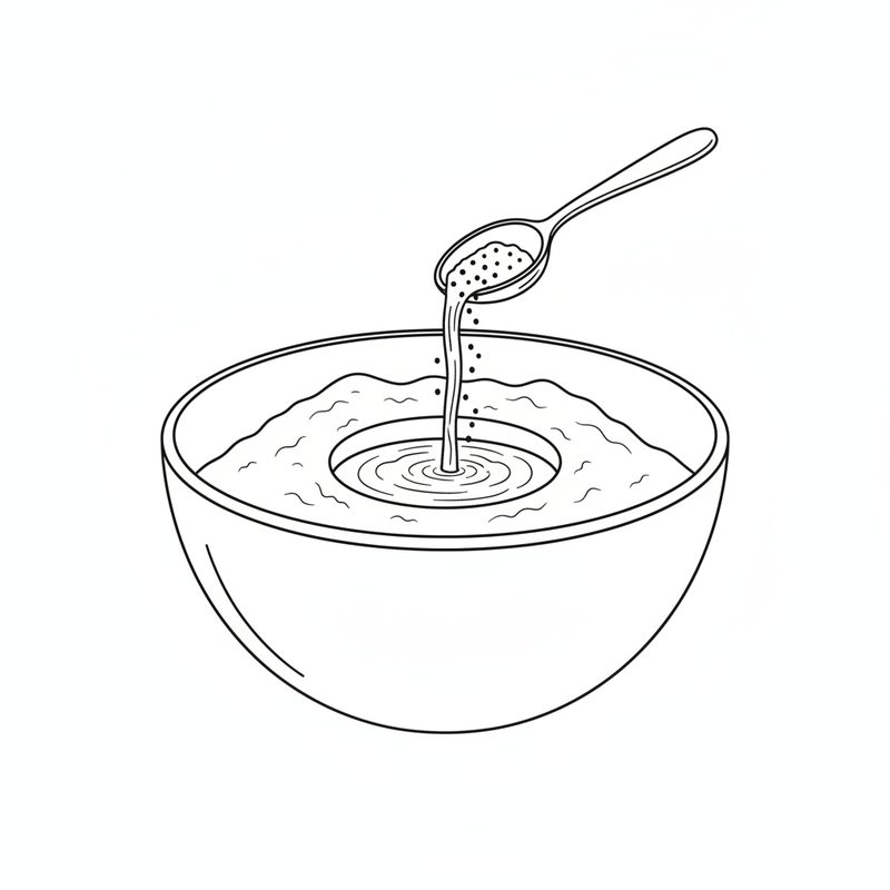 A bowl of flour with a well hollowed in the centre, liquid poured into the well and yeast being sprinkled over it from a spoon