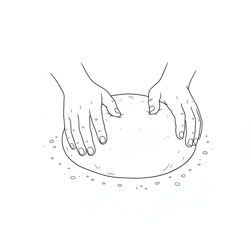 Two hands kneading a smooth round of bread dough on a lightly floured work surface