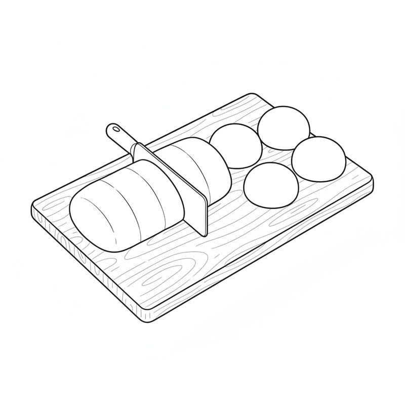 A log of dough on a wooden board being divided with a bench scraper, four shaped dough balls resting beside it