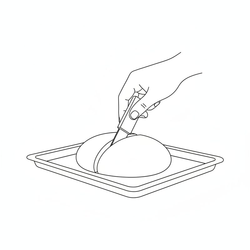 A hand pressing a blade straight down across the middle of a round dough ball on a baking tray