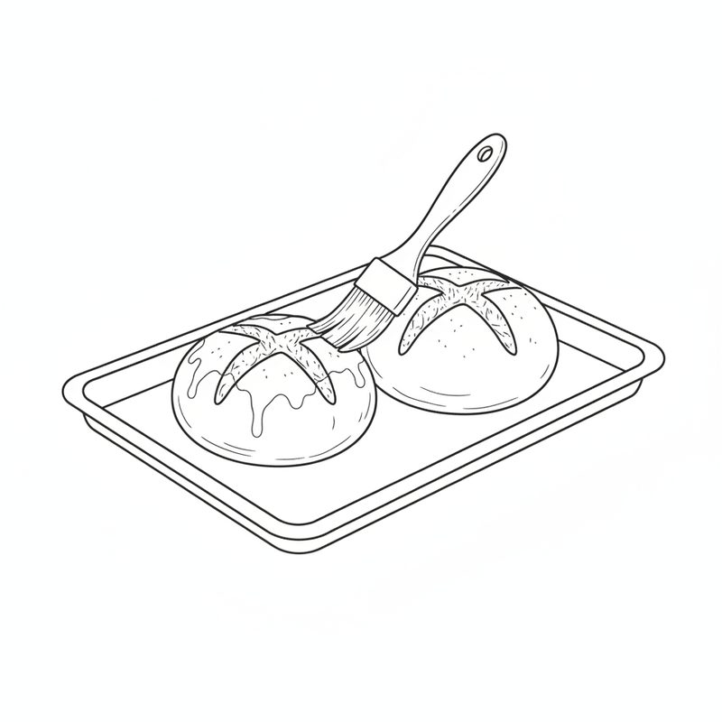A pastry brush glazing two round baked rolls on a baking tray, each scored with a cross on top