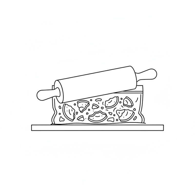 Line drawing of a rolling pin pressing down on a flat sealed bag of broken sandwich cookies