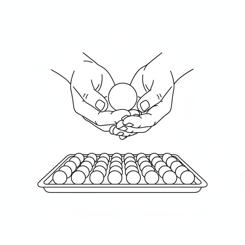 Line drawing of two hands rolling a small ball between the palms above a tray of finished round balls