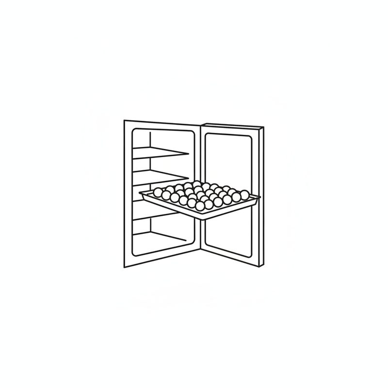 Line drawing of a tray of small round balls sitting on a shelf inside an open refrigerator