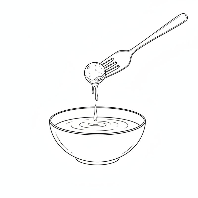 Line drawing of a fork holding a single coated ball above a bowl, with liquid dripping from it back into the bowl