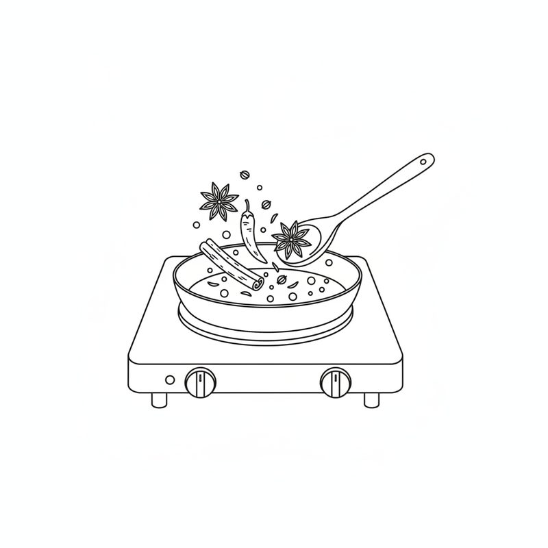 Line drawing of whole spices - star anise, a dried chilli, a cinnamon stick and loose seeds - falling into a frying pan on a hob, with a wooden spoon stirring
