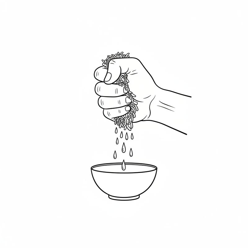Line drawing of a fist squeezing finely chopped onion, liquid dripping from it into a small bowl below