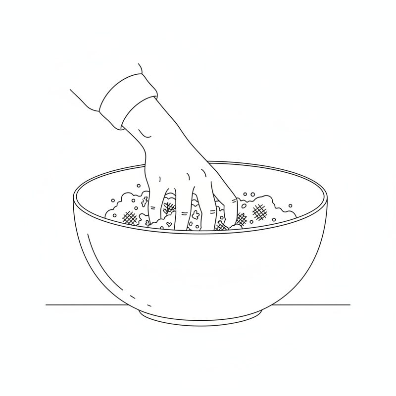 Line drawing of a hand mixing minced chicken and chopped herbs together in a large mixing bowl