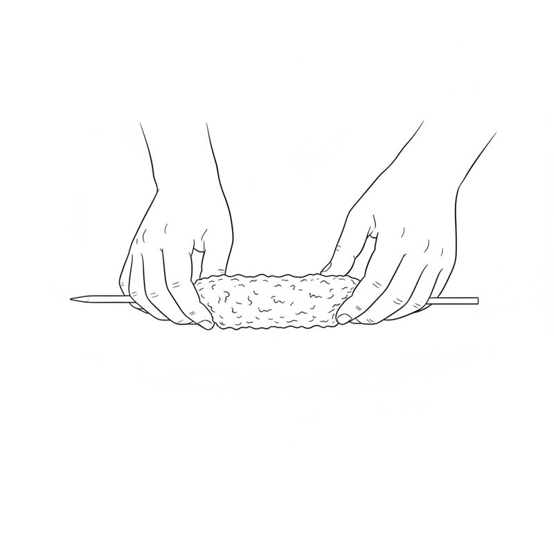 Line drawing of two hands rolling a log of minced meat around a thin pencil-shaped skewer