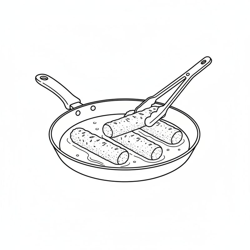 Line drawing of four cylindrical kababs shallow-frying in a pan, with tongs turning one of them