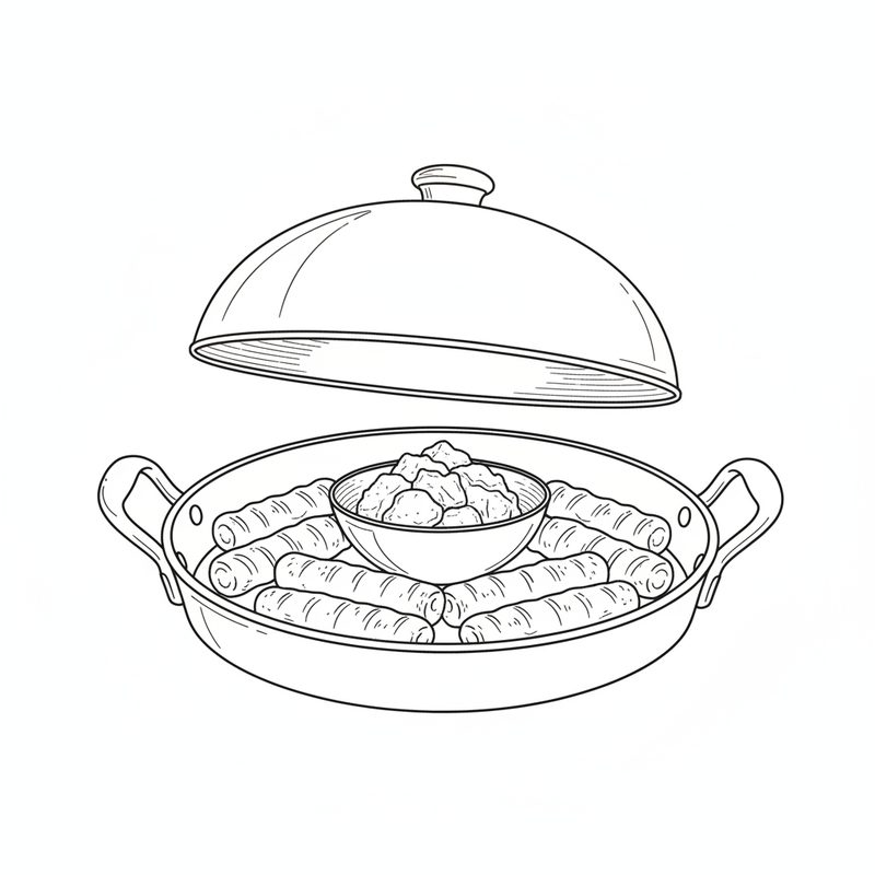 Line drawing of cooked kababs arranged in a pan around a small bowl of charcoal, with a domed lid held above ready to cover them