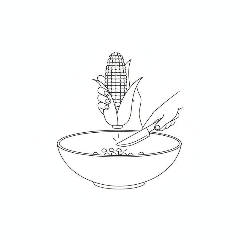 Line drawing of one hand holding an ear of corn upright over a bowl while the other cuts the kernels off with a knife
