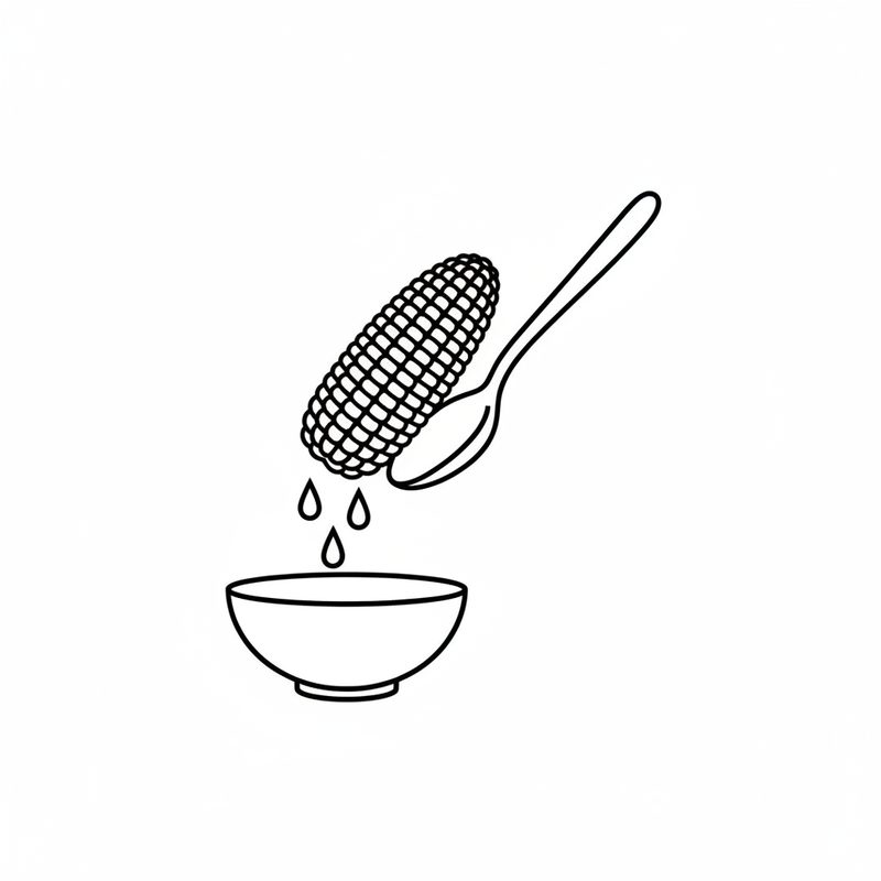 Line drawing of a spoon scraping down a corn cob with drops falling into a small bowl below