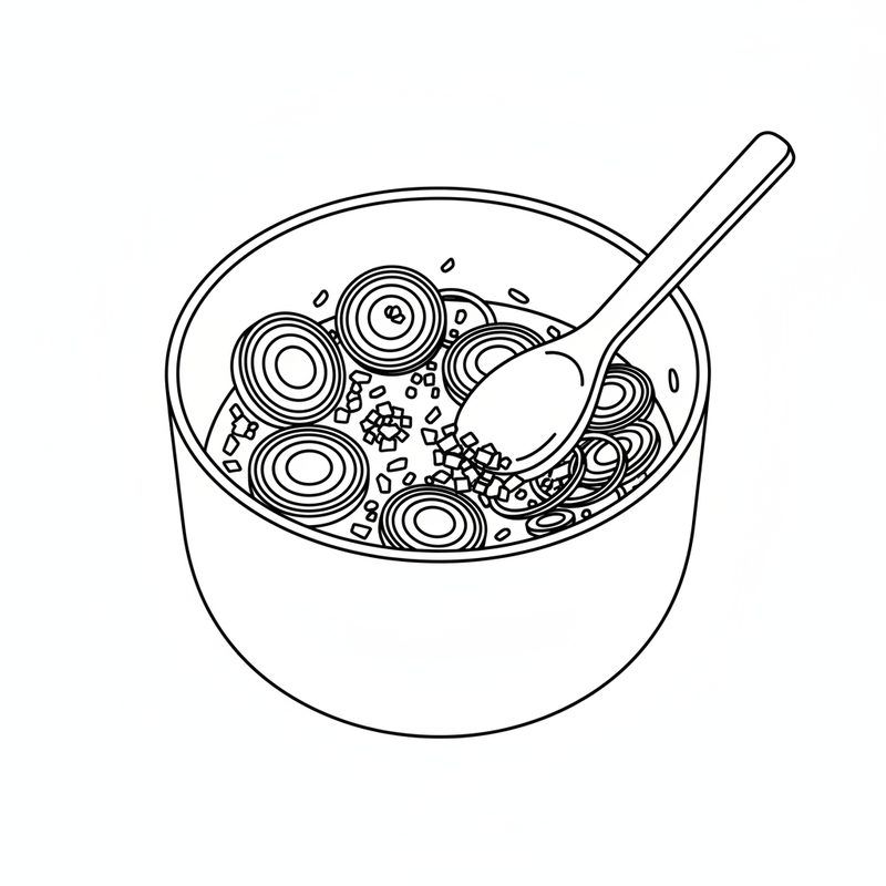 Line drawing of a pot seen from above with sliced onion rings and chopped garlic, and a wooden spoon