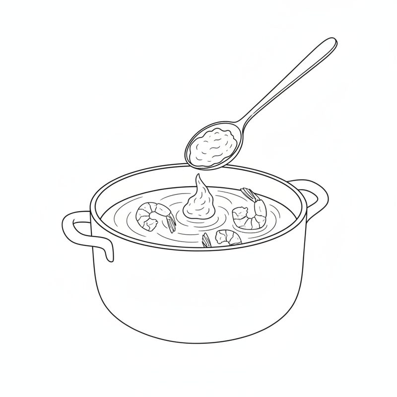 Line drawing of a spoonful of paste being added to a pot of liquid with peeled shrimp in it
