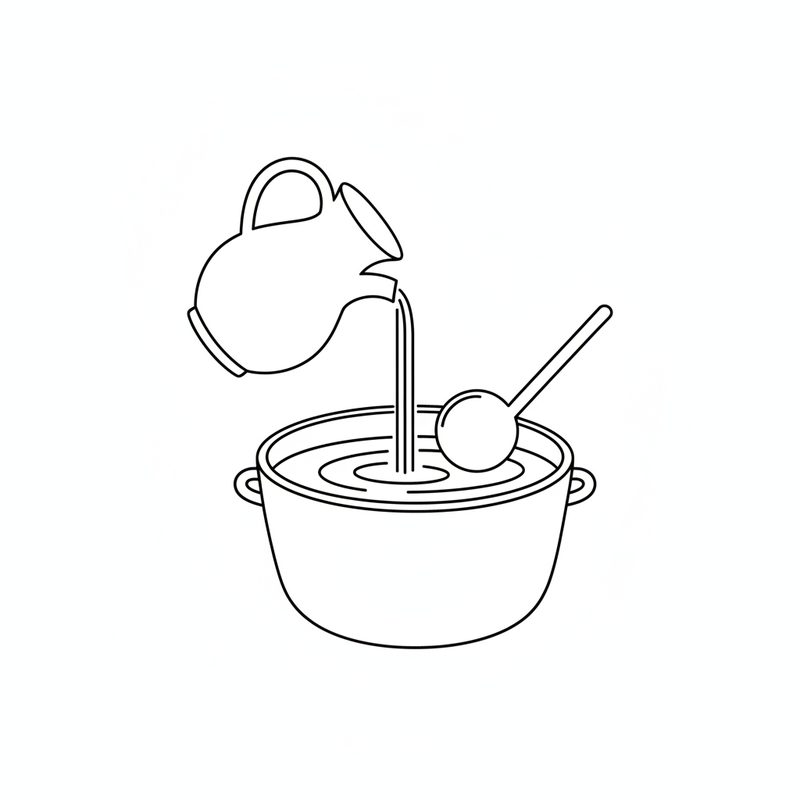 Line drawing of a jug pouring water into a deep pot of soup, with a ladle resting in the pot