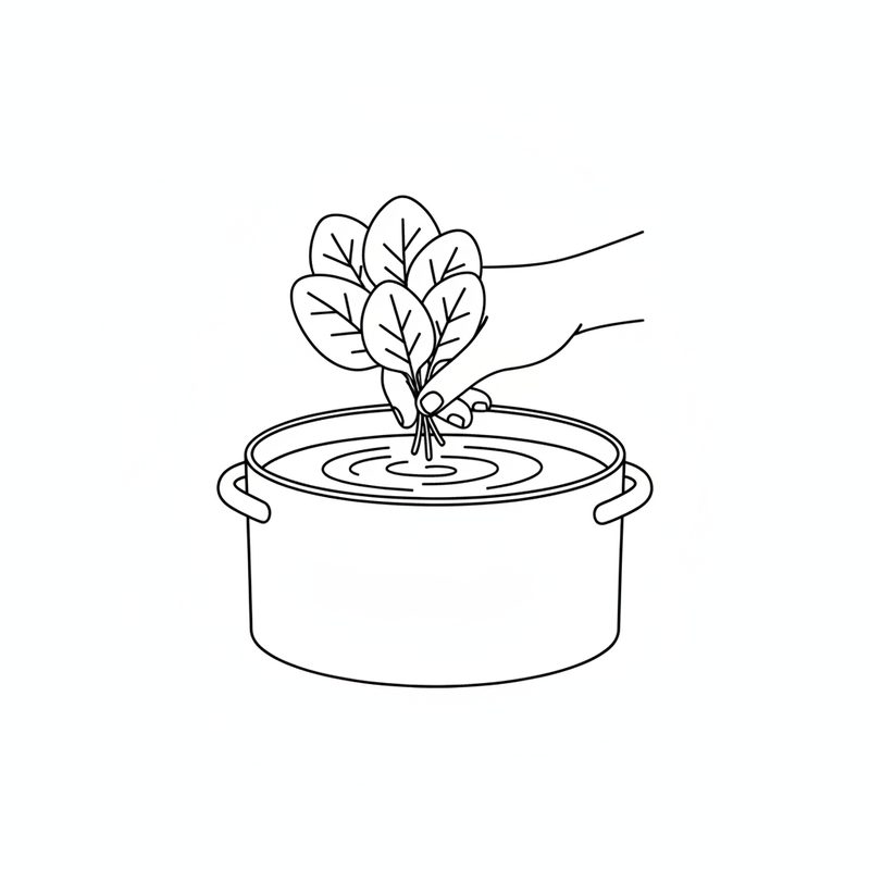 Line drawing of a hand pushing a bunch of spinach leaves down into a pot of soup