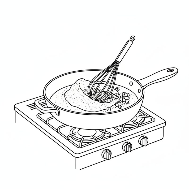 Line drawing of a whisk standing in a frying pan of dry flour and sugar on a gas hob.