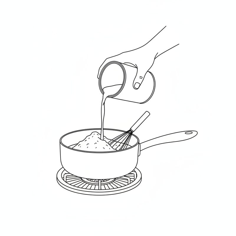 Line drawing of a hand pouring coconut milk from an open can into a deep saucepan of flour on a lit gas burner, a whisk resting in the pan.